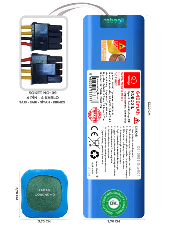 Grundig VCR 9031 6400mAh Uyumlu Bataryası Robot Süpürge Pili Li-ion Yedek Pil Paketi C6409BS-Gru-001