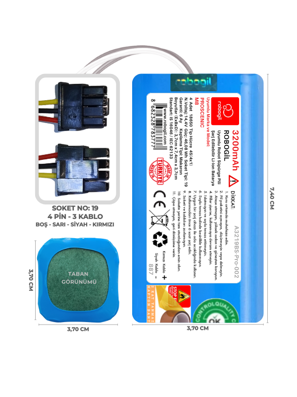 Proscenic M8 3200mAh Uyumlu Bataryası Robot Süpürge Pili Li-ion Yedek Pil Paketi A3219BS-Pro-002