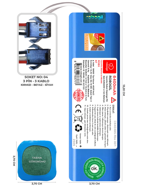 Robx R7 6400mAh Uyumlu Bataryası Robot Süpürge Pili Li-ion Yedek Pil Paketi C6404BS-Rbx-001
