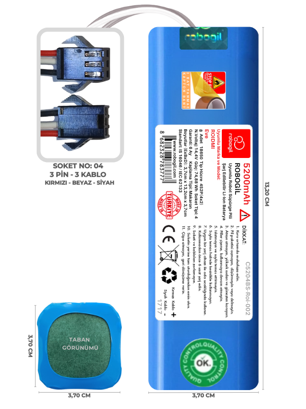 Roidmi Eve 5200mAh Uyumlu Bataryası Robot Süpürge Pili Li-ion Yedek Pil Paketi C5204BS-Roi-002
