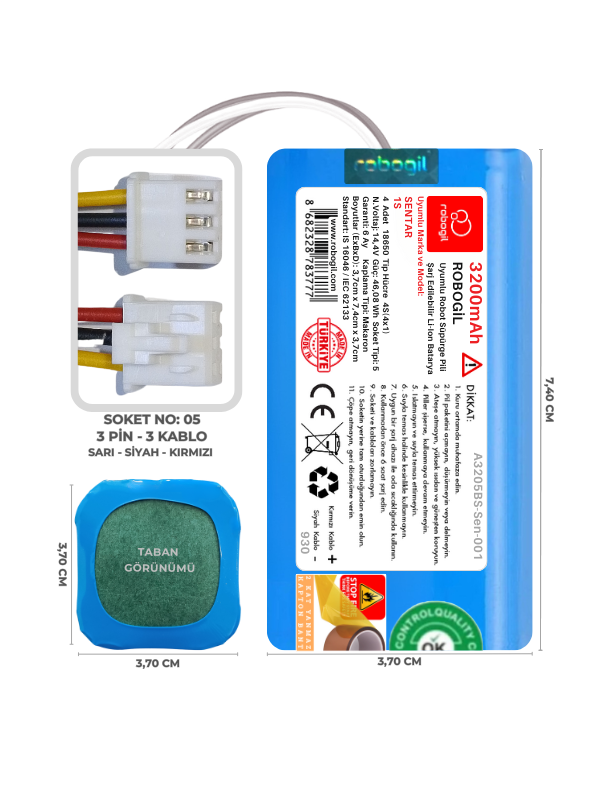 Sentar 1S 3200mAh Uyumlu Bataryası Robot Süpürge Pili Li-ion Yedek Pil Paketi A3205BS-Sen-001