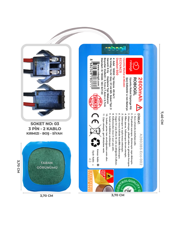 Ecovacs Deebot 500 2600mAh Uyumlu Bataryası Robot Süpürge Pili Li-ion Yedek Pil Paketi A2603BS-Eco-002