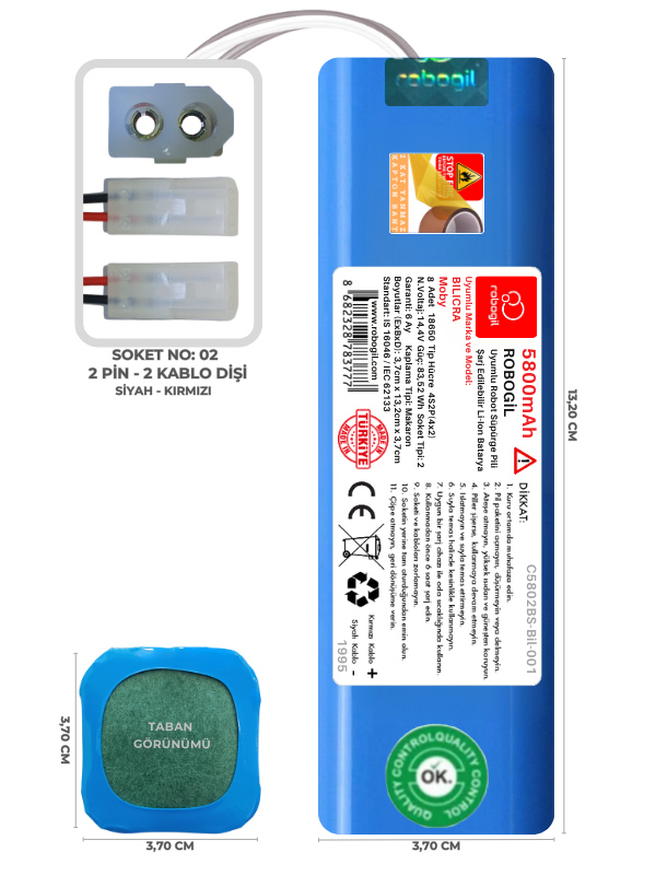 Bilicra Moby 5800mAh Uyumlu Bataryası Robot Süpürge Pili Li-ion Yedek Pil Paketi C5802BS-Bil-001