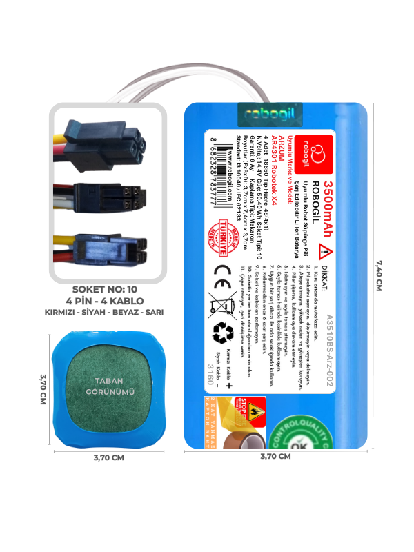 Arzum AR4304 Robotek X4 3500mAh Uyumlu Bataryası Robot Süpürge Pili Li-ion Yedek Pil Paketi A3510BS-Arz-002