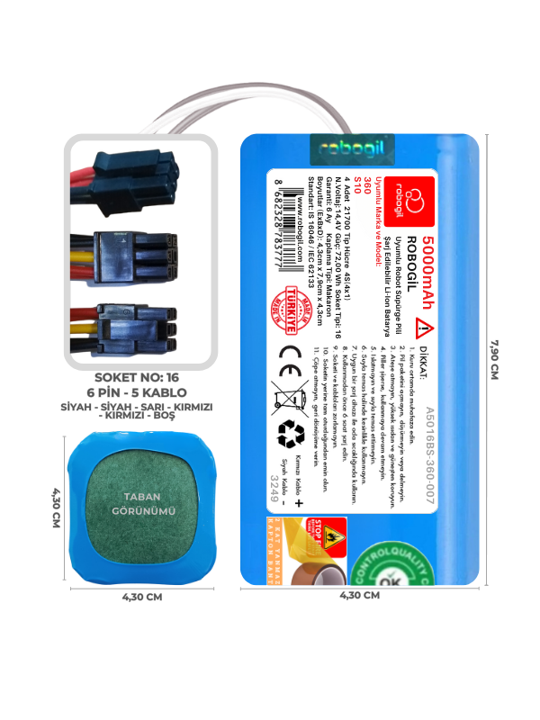 360 S10 5000mAh Uyumlu Bataryası Robot Süpürge Pili Li-ion Yedek Pil Paketi A5016BS-360-007