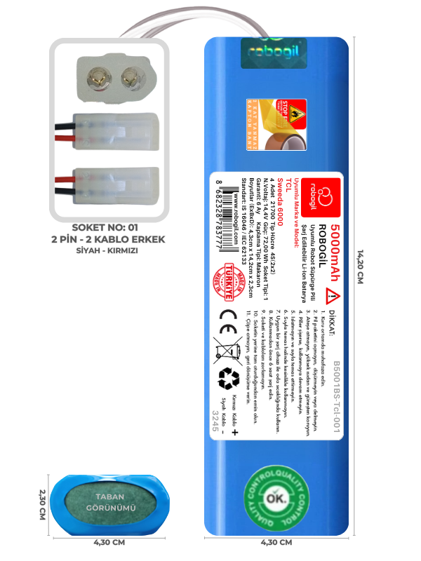 TCL Sweeda 6000 5000mAh Uyumlu Bataryası Robot Süpürge Pili Li-ion Yedek Pil Paketi B5001BS-Tcl-001