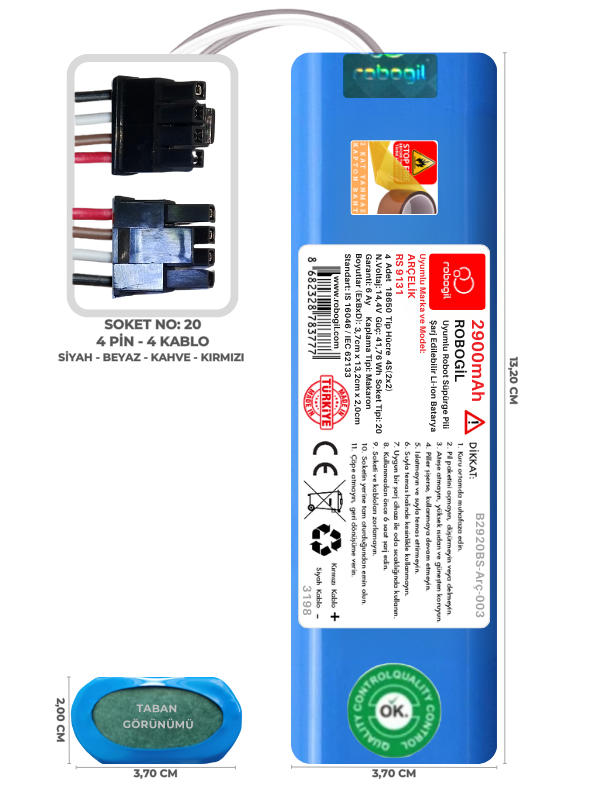 Arçelik RS 9131 2900mAh Uyumlu Bataryası Robot Süpürge Pili Li-ion Yedek Pil Paketi B2920BS-Arç-003