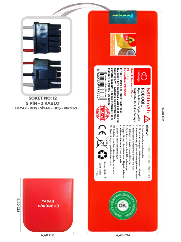 Philips HomeRun XU7000 5800mAh Uyumlu Bataryası Robot Süpürge Pili Li-ion Yedek Pil Paketi C5812RB-Phi-001
