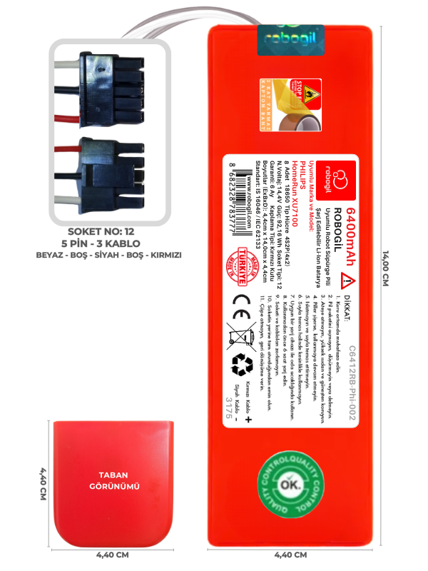 Philips HomeRun XU7100 6400mAh Uyumlu Bataryası Robot Süpürge Pili Li-ion Yedek Pil Paketi C6412RB-Phi-002