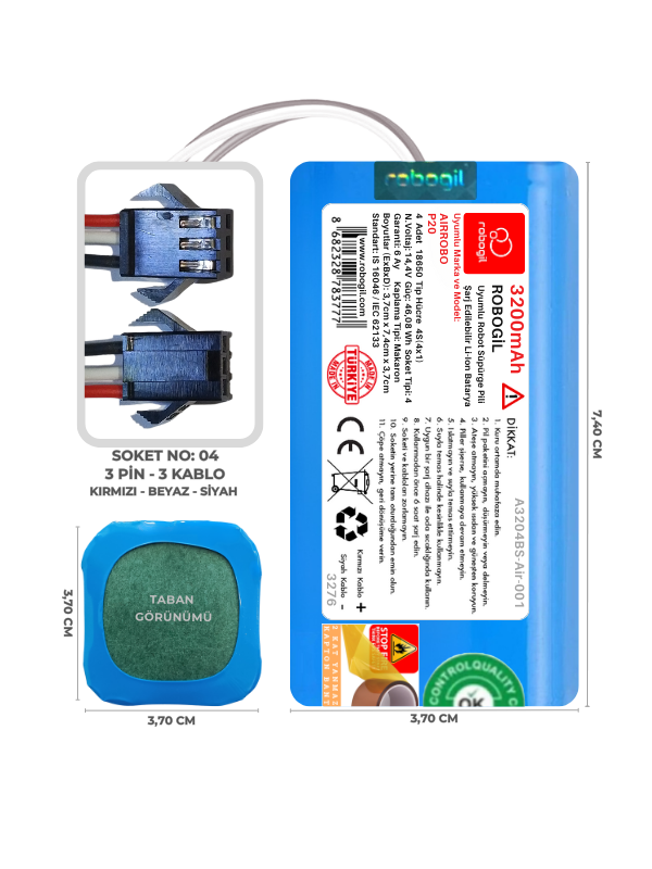 Airrobo P20 3200mAh Uyumlu Bataryası Robot Süpürge Pili Li-ion Yedek Pil Paketi A3204BS-Air-001