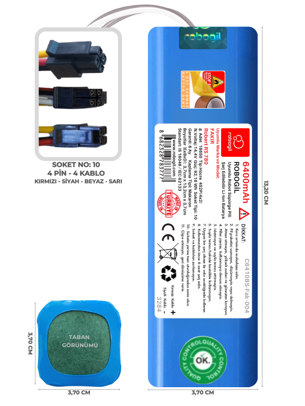 Fakir Robert RS 780 6400mAh Uyumlu Bataryası Robot Süpürge Pili Li-ion Yedek Pil Paketi C6410BS-Fak-004