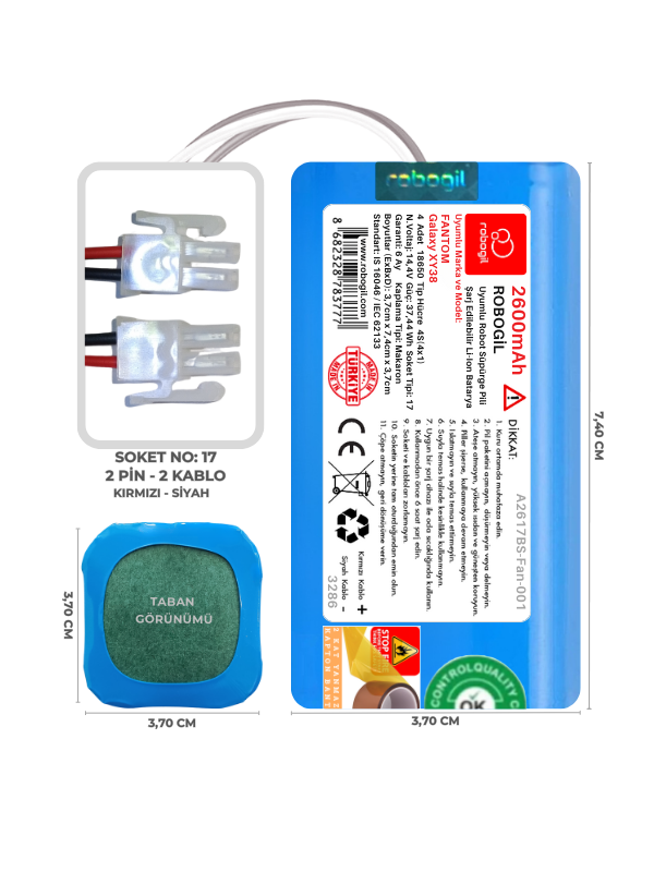 Fantom Galaxy XY38 2600mAh Uyumlu Bataryası Robot Süpürge Pili Li-ion Yedek Pil Paketi A2617BS-Fan-001