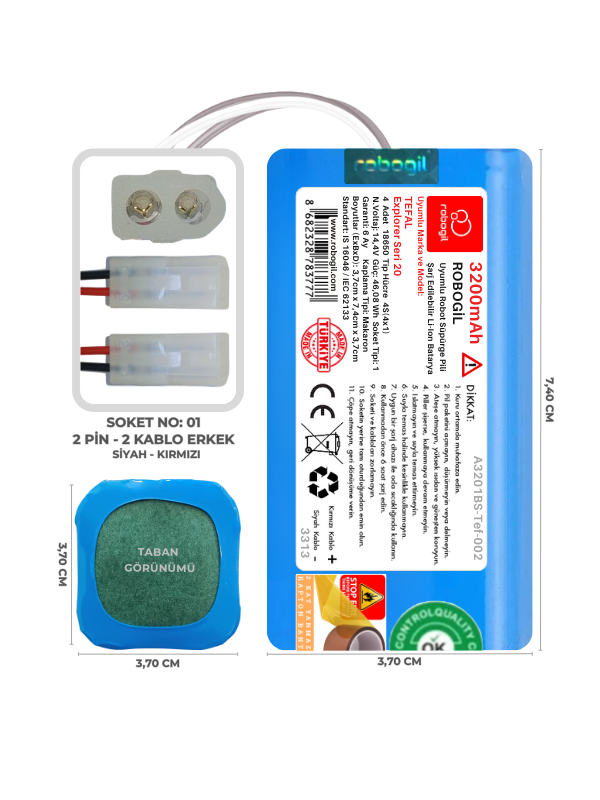 Tefal Explorer Seri 20 3200mAh Uyumlu Bataryası Robot Süpürge Pili Li-ion Yedek Pil Paketi A3201BS-Tef-002