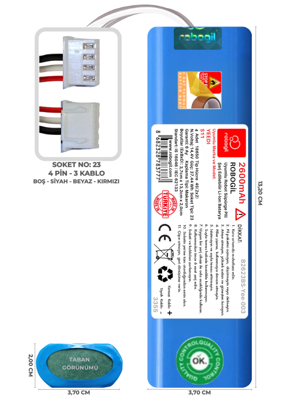 Yeedi S11 2600mAh Uyumlu Bataryası Robot Süpürge Pili Li-ion Yedek Pil Paketi B2623BS-Yee-003