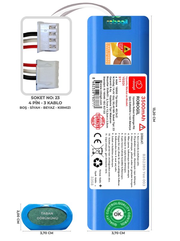 Yeedi S11 3500mAh Uyumlu Bataryası Robot Süpürge Pili Li-ion Yedek Pil Paketi B3523BS-Yee-003