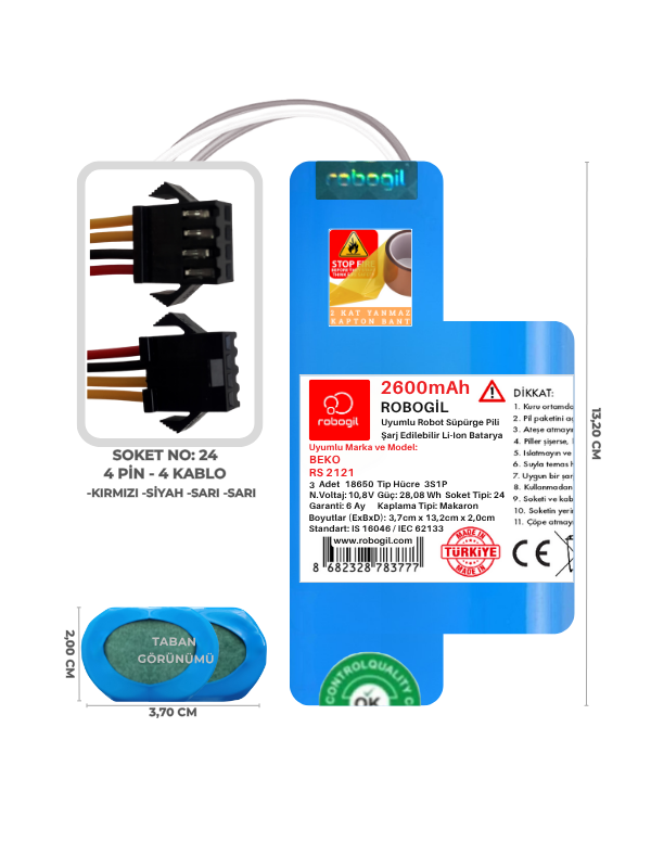 Beko RS 2121 2600mAh Uyumlu Bataryası Robot Süpürge Pili Li-ion Yedek Pil Paketi T2624BS-Bek-006