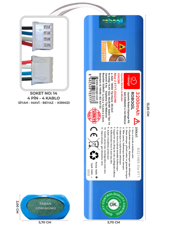 Xiaomi Mop 2 STYTJ03ZHM 3200mAh Uyumlu Bataryası Robot Süpürge Pili Li-ion Yedek Pil Paketi B3214BS-Xia-011
