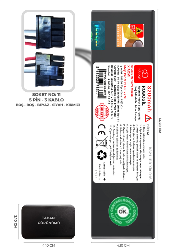 Xiaomi Mop Pro STYTJ02YM 3200mAh Uyumlu Bataryası Robot Süpürge Pili Li-ion Yedek Pil Paketi B3211BB-Xia-016