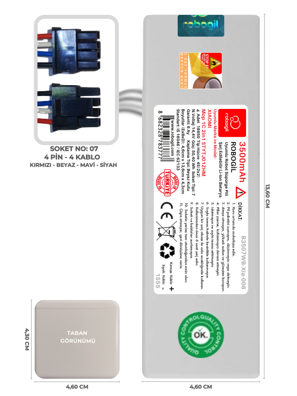Xiaomi Mop 1C 2in1 STYTJ01ZHM 3500mAh Uyumlu Bataryası Robot Süpürge Pili Li-ion Yedek Pil Paketi B3507WB-Xia-006