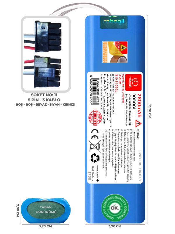 Xiaomi S10 B106GL 2600mAh Uyumlu Bataryası Robot Süpürge Pili Li-ion Yedek Pil Paketi B2611BS-Xia-018