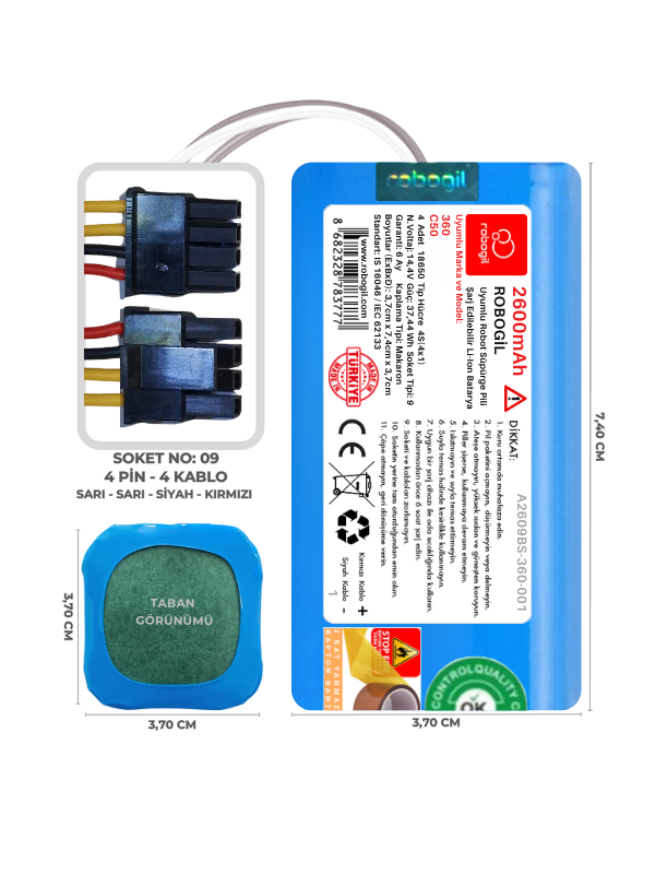 360 C50 2600mAh Uyumlu Bataryası Robot Süpürge Pili Li-ion Yedek Pil Paketi A2609BS-360-001