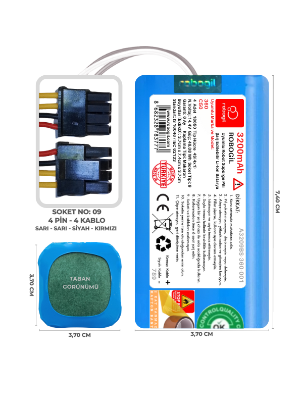 360 C50 3200mAh Uyumlu Bataryası Robot Süpürge Pili Li-ion Yedek Pil Paketi A3209BS-360-001