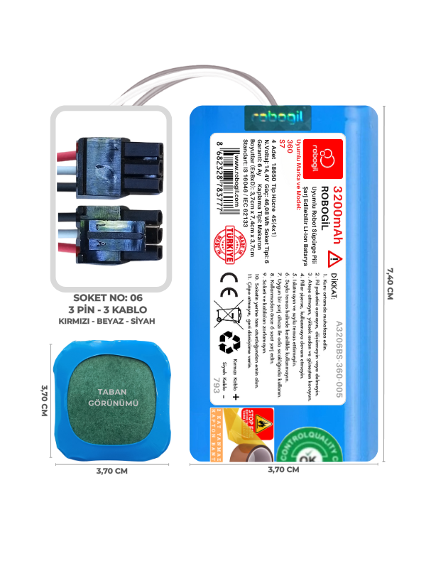 360 S7 3200mAh Uyumlu Bataryası Robot Süpürge Pili Li-ion Yedek Pil Paketi A3206BS-360-005