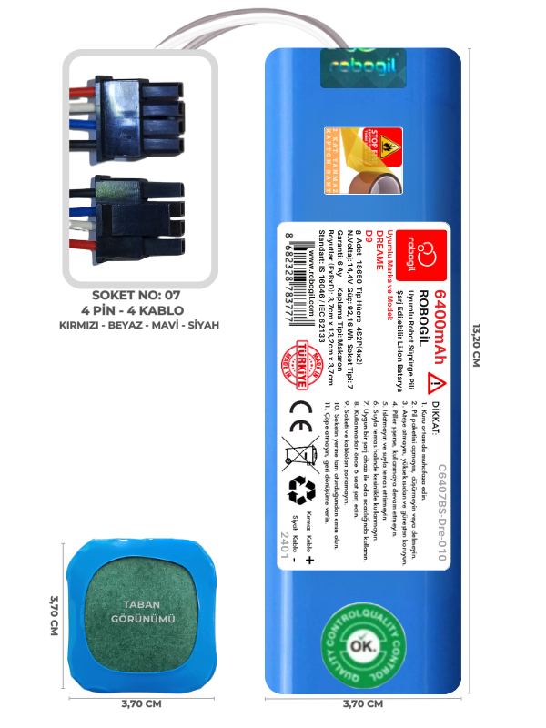 Dreame D9 6400mAh Uyumlu Bataryası Robot Süpürge Pili Li-ion Yedek Pil Paketi C6407BS-Dre-010